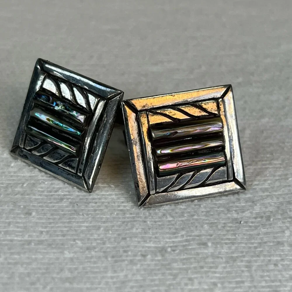 Vintage Silver Abalone Square Cuff Links Stamped 925/Handmade Formal Gift Weddin